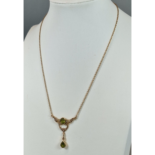 230 - 9ct gold Edwardian design peridot and seed pearl necklace. 4g approx. (B.P. 21% + VAT)