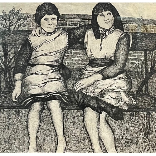 26 - Seren Bell (Welsh born 1950), two Welsh Girls sitting on a bench, signed. Pen and ink. 27.5x28.5cm a... 