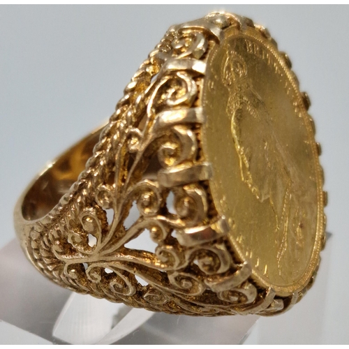 261 - Late Victorian gold full sovereign ring, dated 1889. 15.6g approx. (B.P. 21% + VAT)