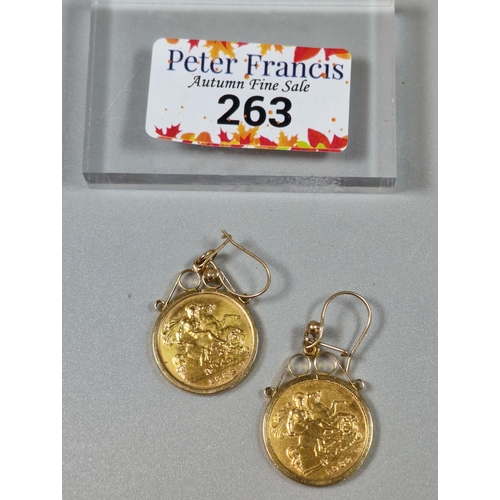 263 - Pair of Queen Elizabeth II 1982 gold half sovereign earrings. 9.6g approx. (B.P. 21% + VAT)