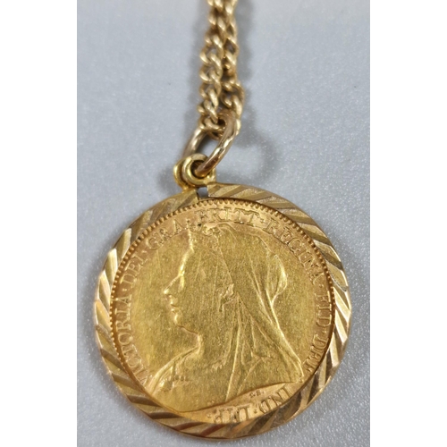 266 - Late Victorian gold half sovereign dated 1897, in 9ct gold rope twist mount on a 9ct gold chain. 11g... 