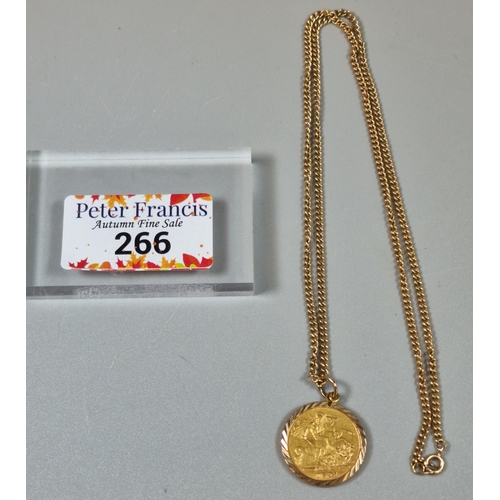 266 - Late Victorian gold half sovereign dated 1897, in 9ct gold rope twist mount on a 9ct gold chain. 11g... 