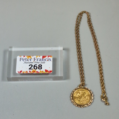 268 - George V gold half sovereign dated 1912, in 9ct gold ornate pendant mount on a 9ct gold rope twist c... 