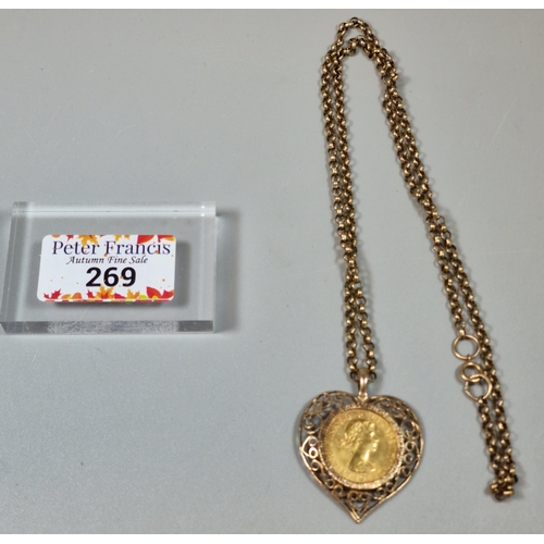 269 - Queen Elizabeth II gold sovereign dated 1965, in pierced heart shaped pendant on 9ct gold curb-link ... 