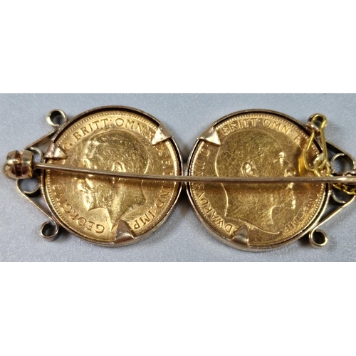 271 - Early 20th century double half sovereign coin brooch in 9ct gold mount, the Coins dated 1907 and 191... 