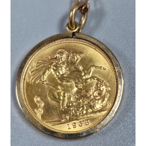 272 - Queen Elizabeth II gold sovereign dated 1968, on 9ct gold pendant mount and gold chain. 12.6g approx... 