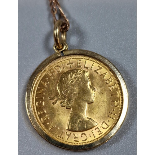 272 - Queen Elizabeth II gold sovereign dated 1968, on 9ct gold pendant mount and gold chain. 12.6g approx... 