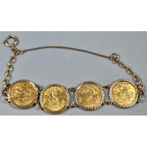 273 - George V half sovereign four coin bracelet dated 1912x2, 1915 and 1916. Total weight 22.3 approx. (B... 