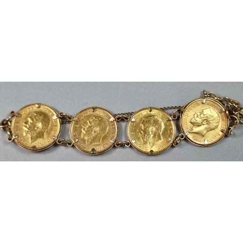 273 - George V half sovereign four coin bracelet dated 1912x2, 1915 and 1916. Total weight 22.3 approx. (B... 