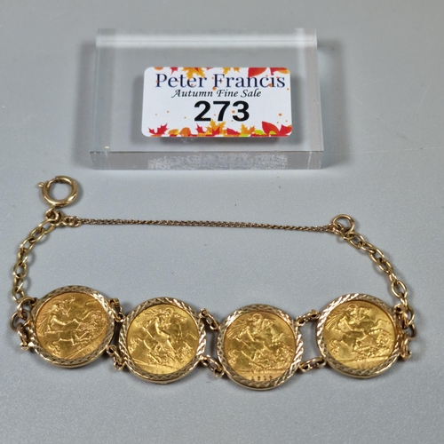 273 - George V half sovereign four coin bracelet dated 1912x2, 1915 and 1916. Total weight 22.3 approx. (B... 