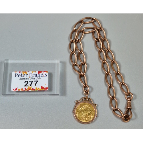 277 - George V gold sovereign dated 1911, in 9ct gold ornate pendant mount on 9ct rose gold curb-link chai... 