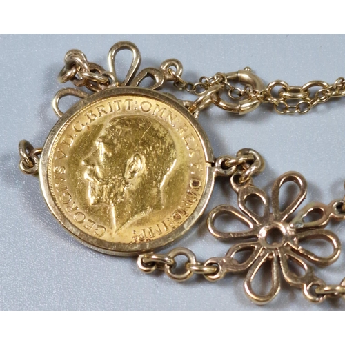 278 - Early 20th century three coin gold full sovereign daisy design bracelet, the coins dated 1908, 1911 ... 