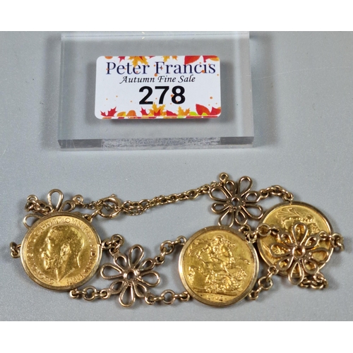 278 - Early 20th century three coin gold full sovereign daisy design bracelet, the coins dated 1908, 1911 ... 