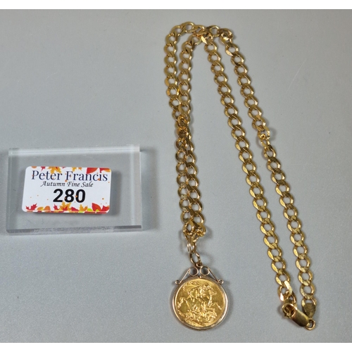 280 - George V gold sovereign dated 1910, in 9ct gold pendant mount on 9ct gold curb-link necklace/chain. ... 