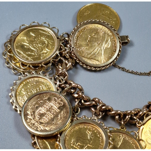 282 - Heavy and chunky gold coin bracelet comprising eleven full sovereigns, two half sovereigns, other mi... 