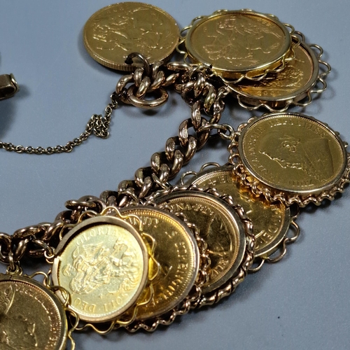 282 - Heavy and chunky gold coin bracelet comprising eleven full sovereigns, two half sovereigns, other mi... 