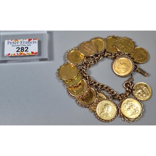 282 - Heavy and chunky gold coin bracelet comprising eleven full sovereigns, two half sovereigns, other mi... 