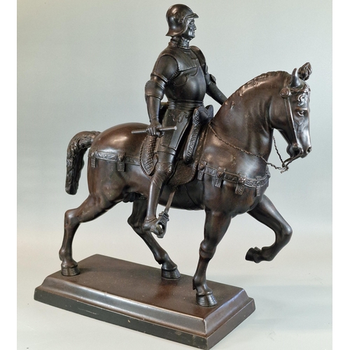 47 - After the Antique, patinated white metal equestrian study of mounted medieval knight, on rectangular... 