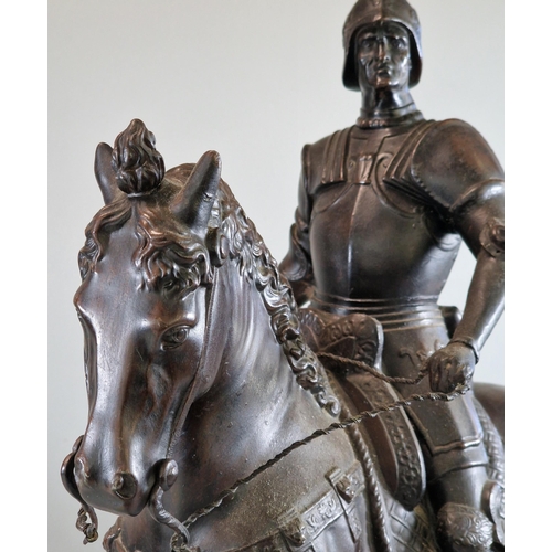 47 - After the Antique, patinated white metal equestrian study of mounted medieval knight, on rectangular... 