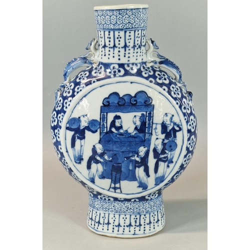 53 - 19th century Chinese export porcelain blue and white underglaze decorated moon flask, having Chilong... 