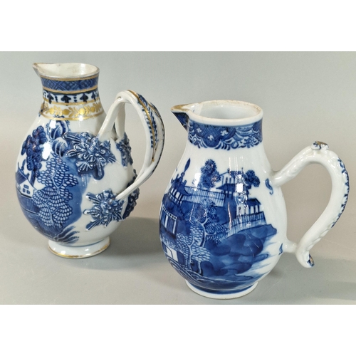 55 - Two 19th century Chinese Export porcelain blue and white Sparrow beak baluster shaped cream jugs, wi... 