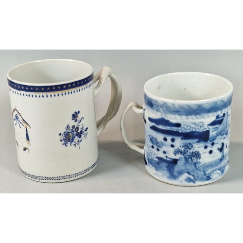 57 - Two 19th century Chinese Export porcelain mugs, one continually decorated in underglaze blue with pa... 