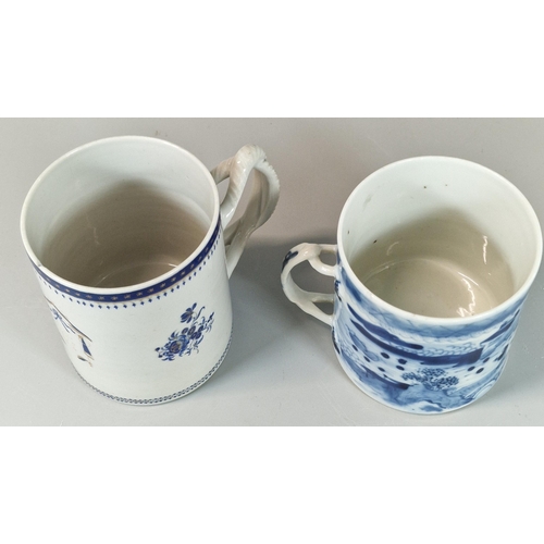 57 - Two 19th century Chinese Export porcelain mugs, one continually decorated in underglaze blue with pa... 