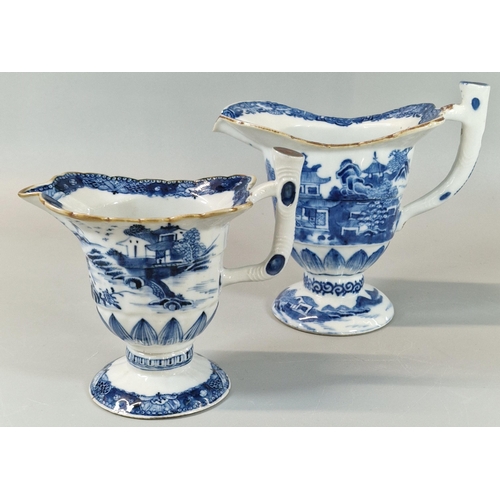 58 - Two similar Chinese Export porcelain helmet shaped pedestal jugs, each with continual blue and white... 