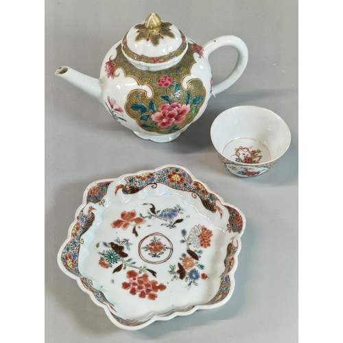 80 - Group of three Chinese Export items to include: Yong Zheng teapot stand in 'Famille Rose' decoration... 