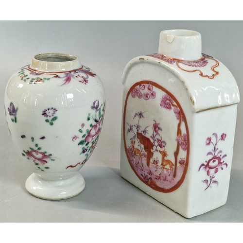 81 - Two Chinese Export porcelain tea caddies, one decorated in puce with iron red enamels, the other in ... 