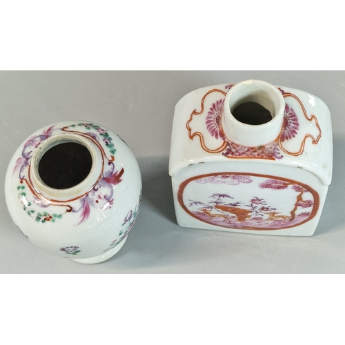 81 - Two Chinese Export porcelain tea caddies, one decorated in puce with iron red enamels, the other in ... 