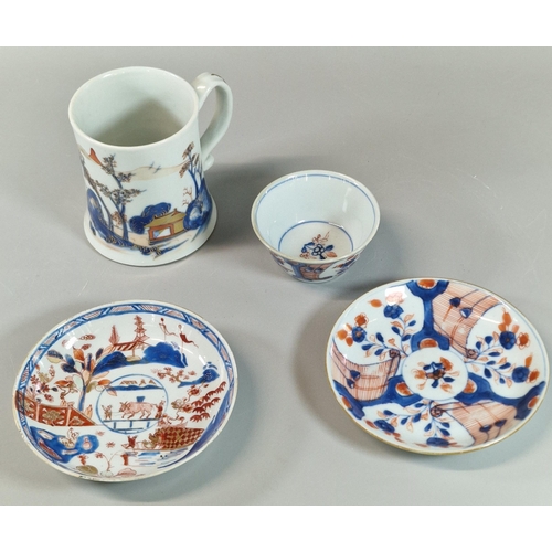 82 - Assorted Chinese porcelain items to include: small 'Imari' design tankard with flared base and loop ... 