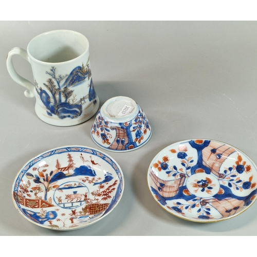 82 - Assorted Chinese porcelain items to include: small 'Imari' design tankard with flared base and loop ... 