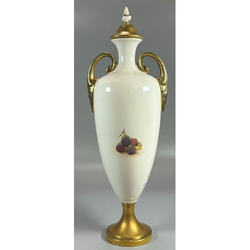 99 - Royal Worcester porcelain two handled vase and cover, hand-painted with fruit. Signed Telford. 33.5c... 