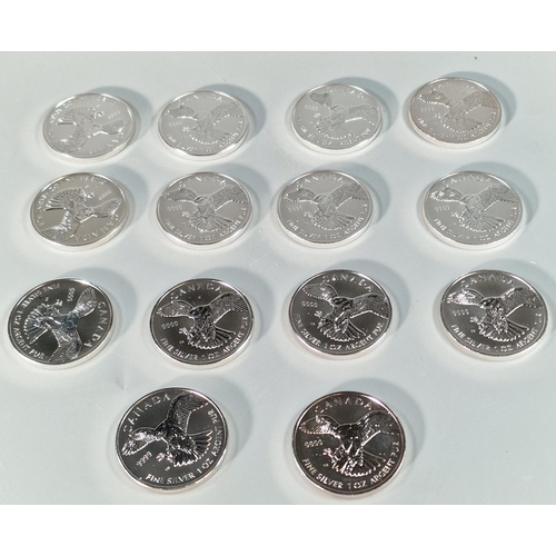 161 - Plastic tub comprising fourteen Canada Mint Five Dollars one ounce silver proof coins.  (B.P. 21% + ... 