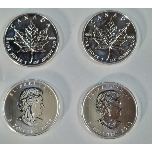 162 - Plastic tub comprising seven silver Maple Canadian one ounce coins dating 2013.  (B.P. 21% + VAT)