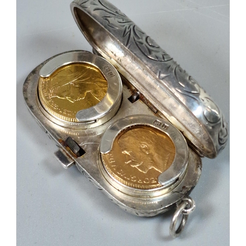 239 - George V silver engraved double sovereign case with suspension loop. By Dennison Watch Case Co., Bir... 