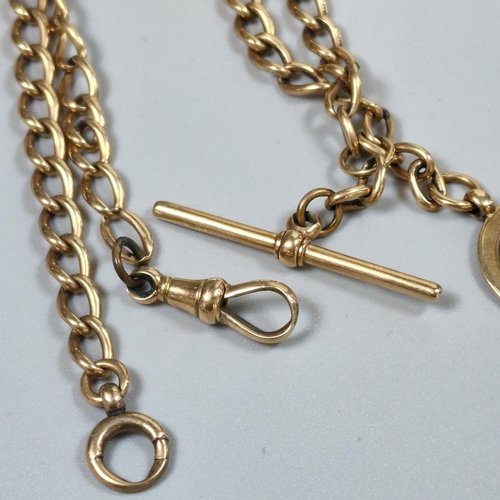 249 - 9ct gold curb-link T Bar pocket watch chain with 9ct gold engraved fob with initials. 28.5g approx. ... 