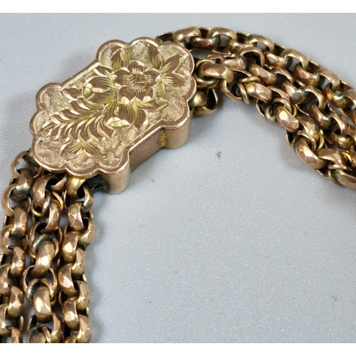 250 - Early 20th century 9ct gold curb-link fancy T Bar watch chain with 9ct gold shield shaped cricket pr... 