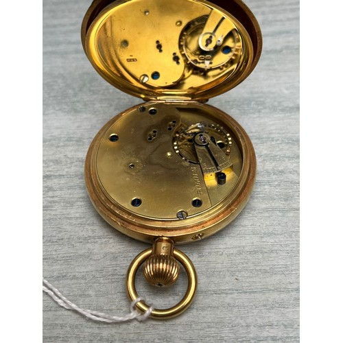 171 - 18ct gold Keyless lever open faced pocket watch, having Roman enamelled face with seconds dial, and ... 