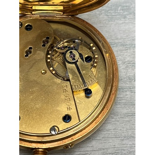 171 - 18ct gold Keyless lever open faced pocket watch, having Roman enamelled face with seconds dial, and ... 