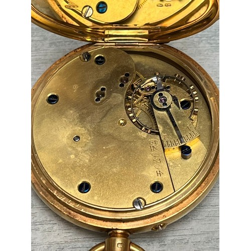 171 - 18ct gold Keyless lever open faced pocket watch, having Roman enamelled face with seconds dial, and ... 