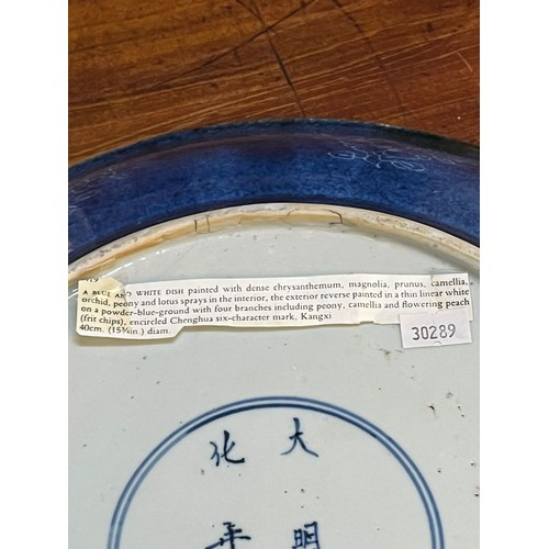 66 - Chinese 18th/19th century blue and white porcelain shallow dish, underglaze painted overall with spr... 