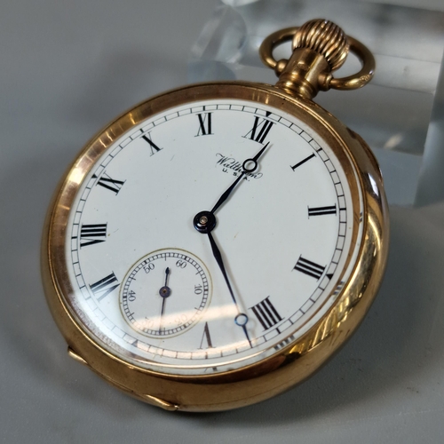 170 - Waltham 9ct gold keyless lever open faced pocket watch, having Roman white enamelled face with secon... 