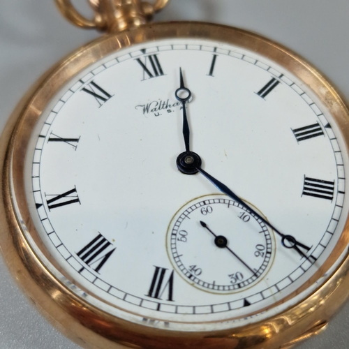 170 - Waltham 9ct gold keyless lever open faced pocket watch, having Roman white enamelled face with secon... 