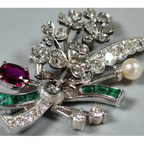 222 - Mid century diamond, ruby, emerald and pearl floral spray brooch, set in 18ct gold and platinum, in ... 