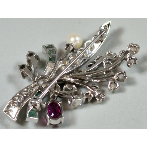 222 - Mid century diamond, ruby, emerald and pearl floral spray brooch, set in 18ct gold and platinum, in ... 