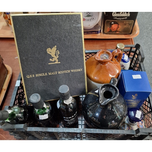 109 - Crate of alcohol to include: QE2 single malt Scotch Whisky decanter in original box, Cunard Port, Br... 