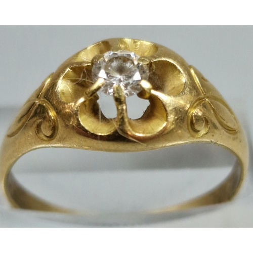 320 - Gold clear stone solitaire type ring. Indistinct hallmarks. (Not a diamond). 4.6g approx. Size S.  (... 