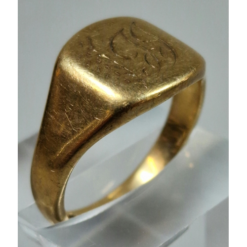 325 - 9ct gold signet ring with engraved initials. 6.9g approx. Size S.  (B.P. 21% + VAT)